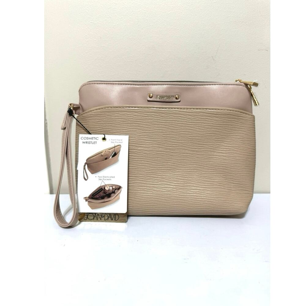 Joan & David Taupe Cosmetic Bag, Marching Strap, Top Zipper, Pockets